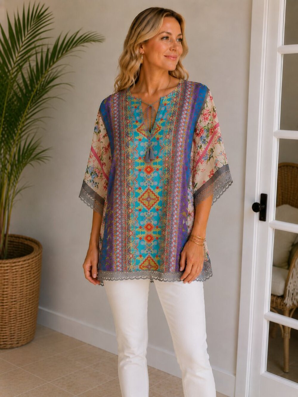 Johnny Was Multicolor Dolman Sleeve Keyhole Oversized Tunic